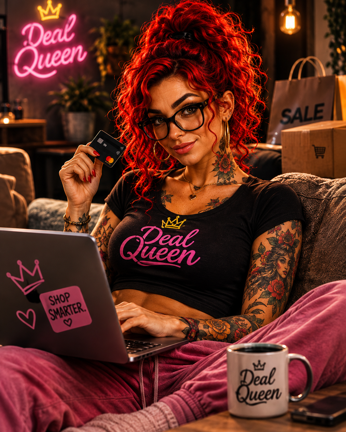 Frida beim Online-Shopping auf dem Sofa