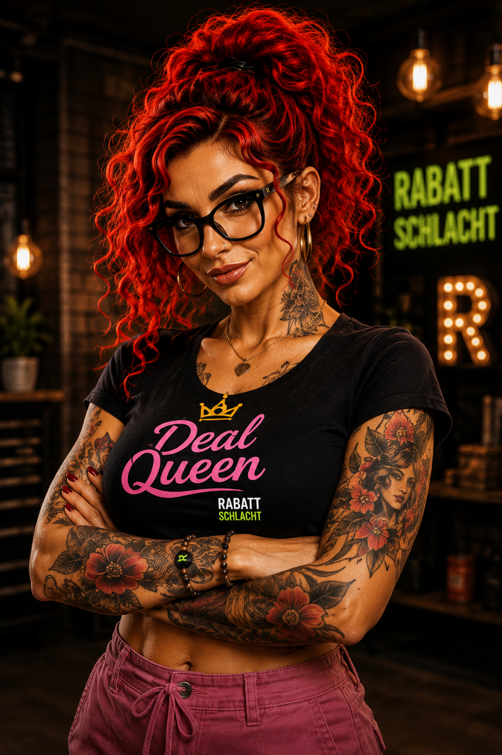Frida, Lifestyle- und Preis-Leistungs-Expertin bei Rabattschlacht, mit roten Locken, Brille und Tattoos