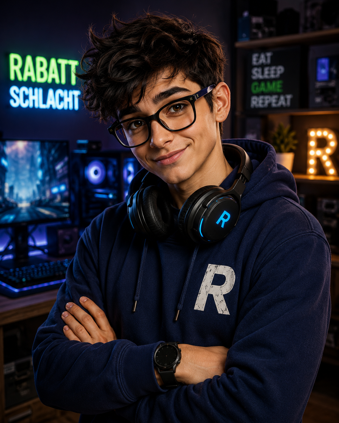 Röbi, Technik- und Datenexperte bei Rabattschlacht, mit Brille, Kopfhörern und dunkelblauem Hoodie