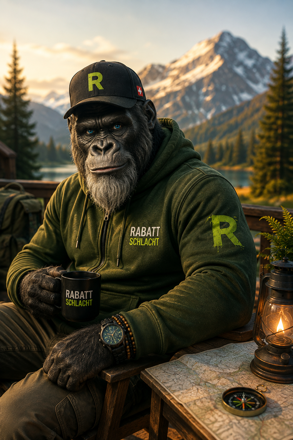 Willy in den Bergen unterwegs, mit Kaffee an einer Berghütte