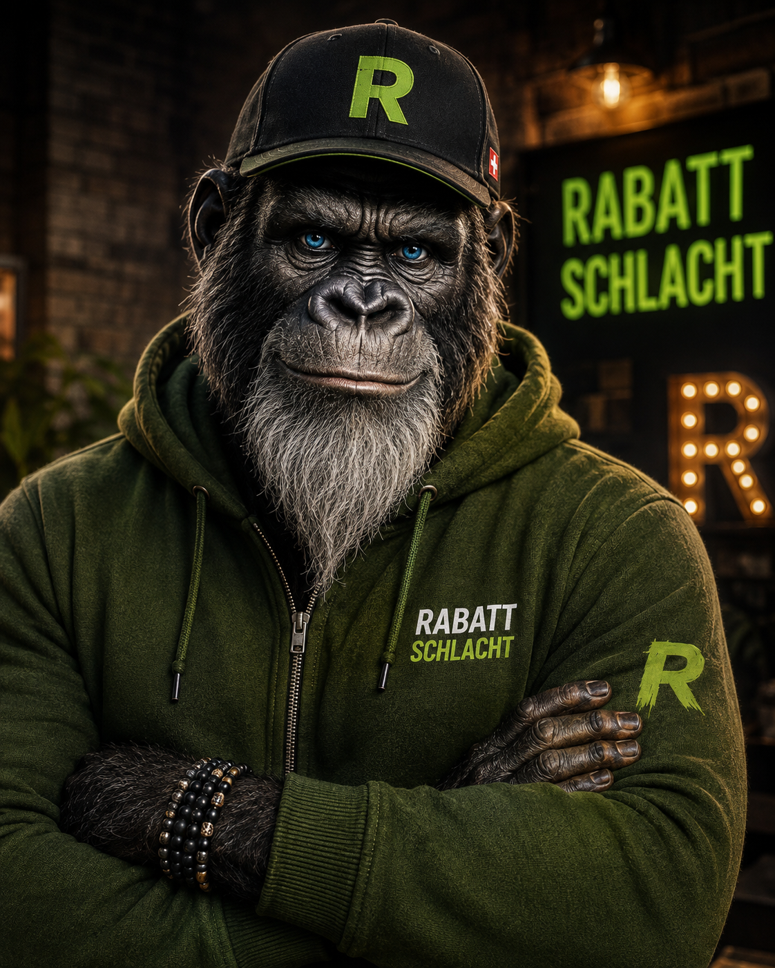 Willy, Chief Deal Hunter bei Rabattschlacht, mit grüner Kappe, blauen Augen und Rabattschlacht-Hoodie